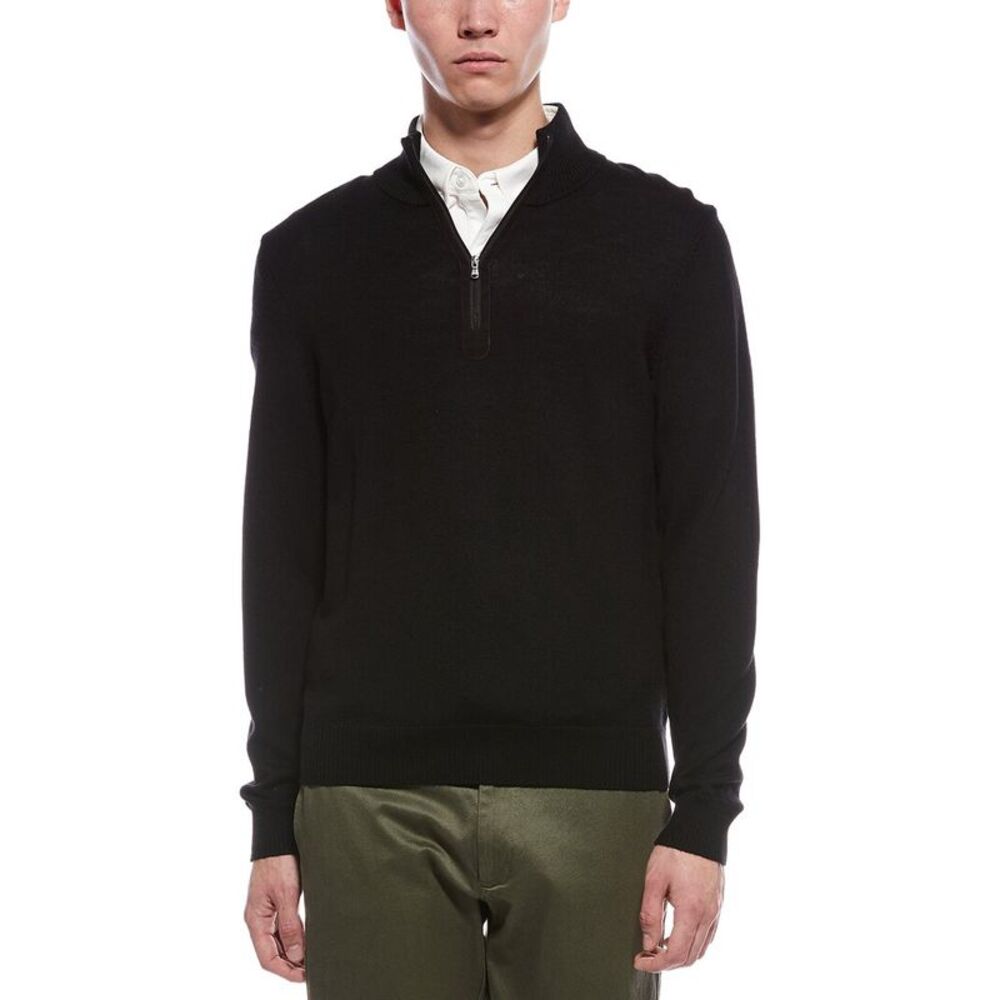 Bruno Magli Mens  Plaited 1/4-Zip Merino Wool Mock Neck Sweater, Black